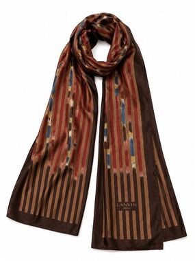 Lanvin Paris Silk Scarf Brown Striped Designer Oblong Scarf 10x52”